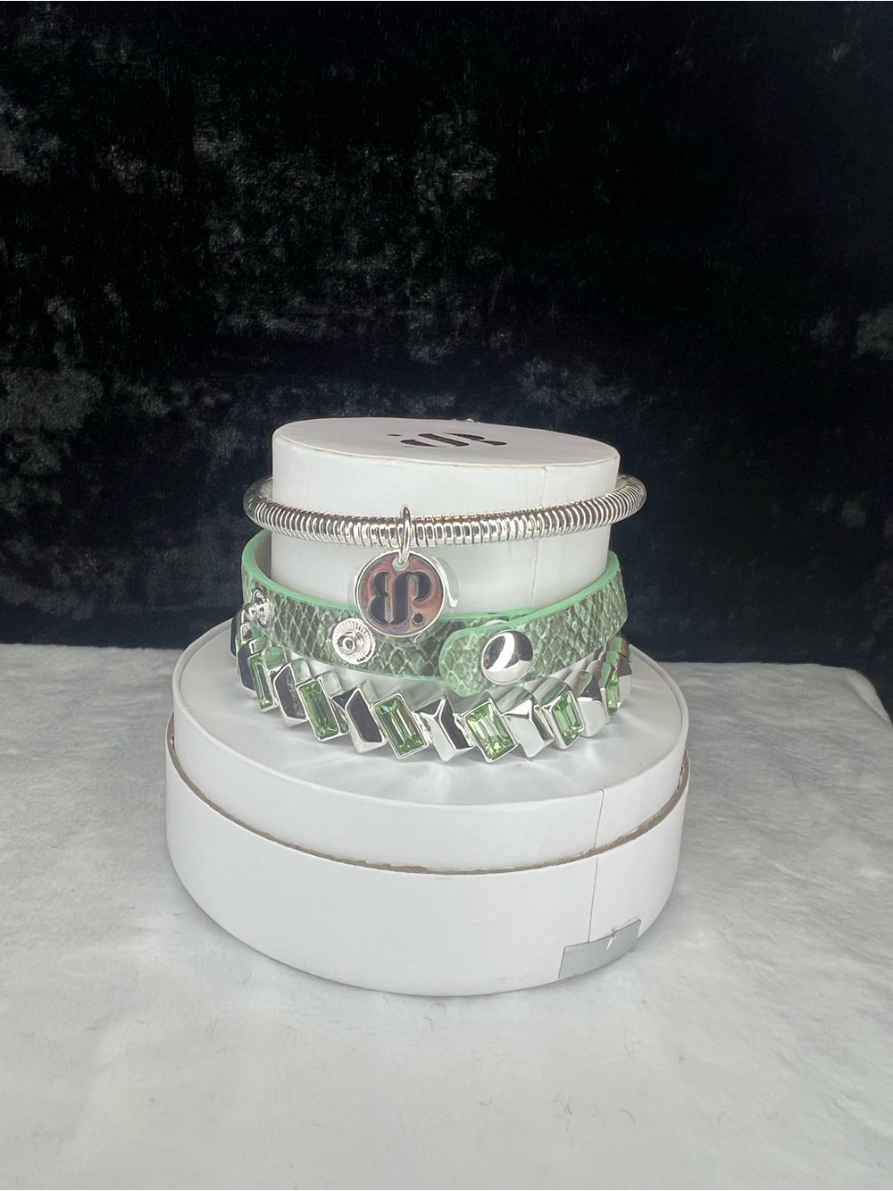 Bomb Party Summer Stacks Shes Green With Envy Bracelet Stack Set CZ Silver Plate - Picture 2 of 4